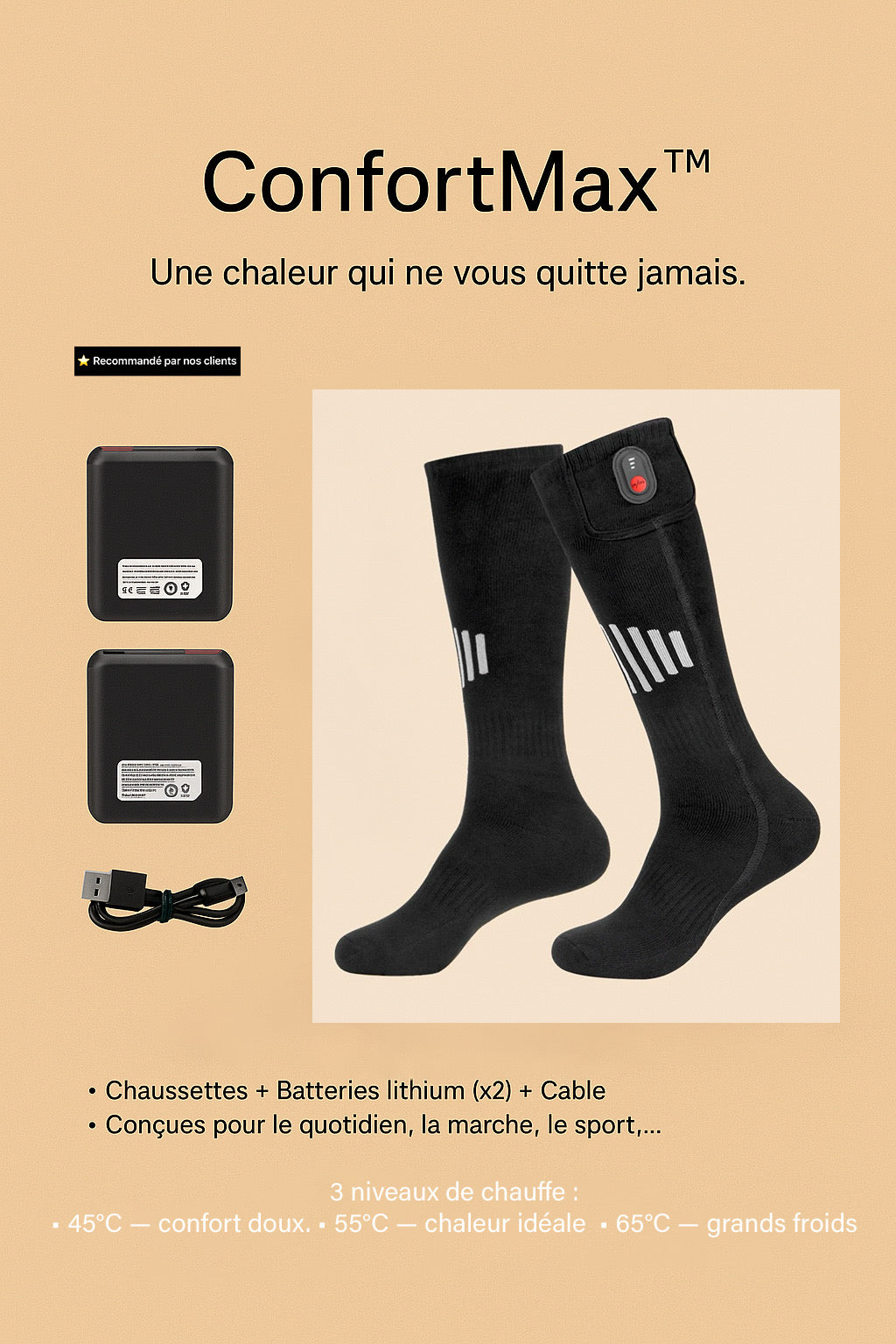 🧦 Chaussettes Chauffantes Rechargeables 65°C – Chaleur & Confort Tout l’Hiver ❄️